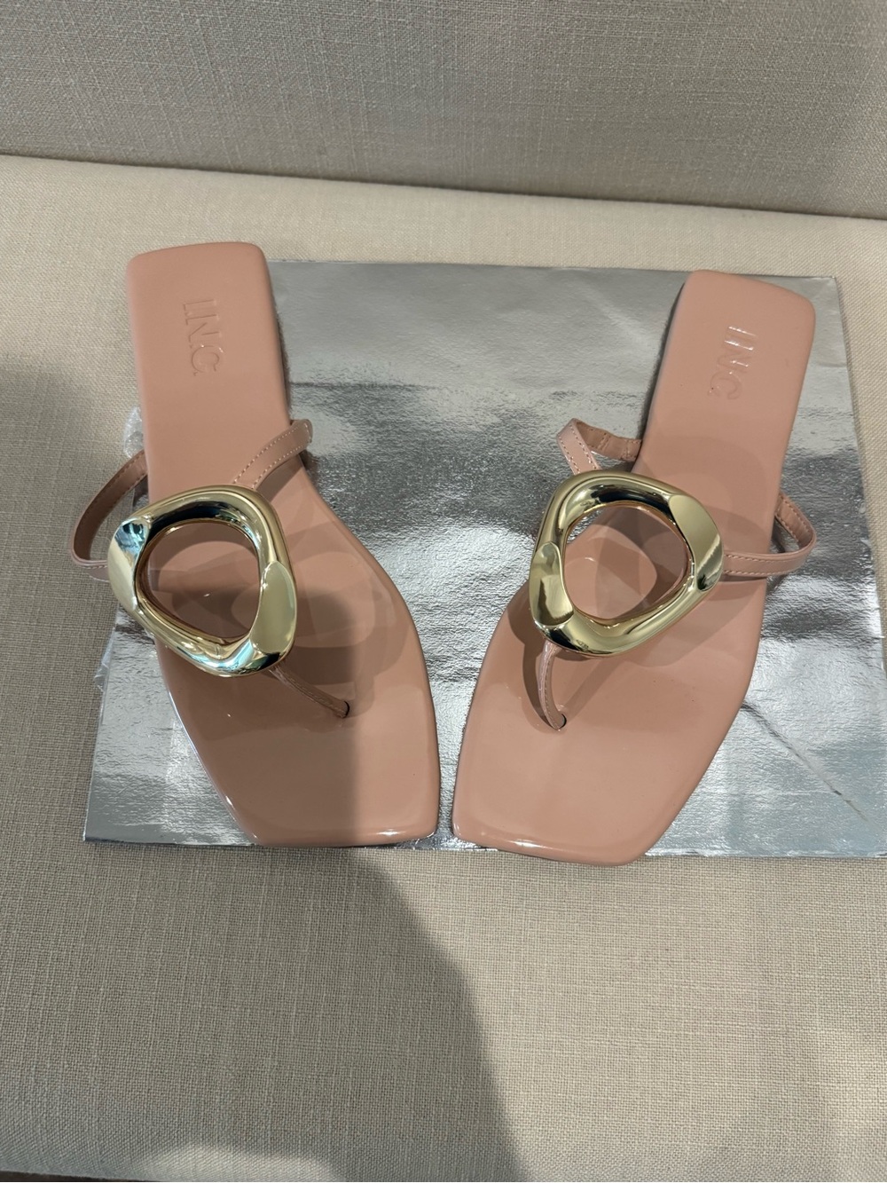 INC International Concepts Blush Pink Square-Toe Thong Sandals with Gold Accent